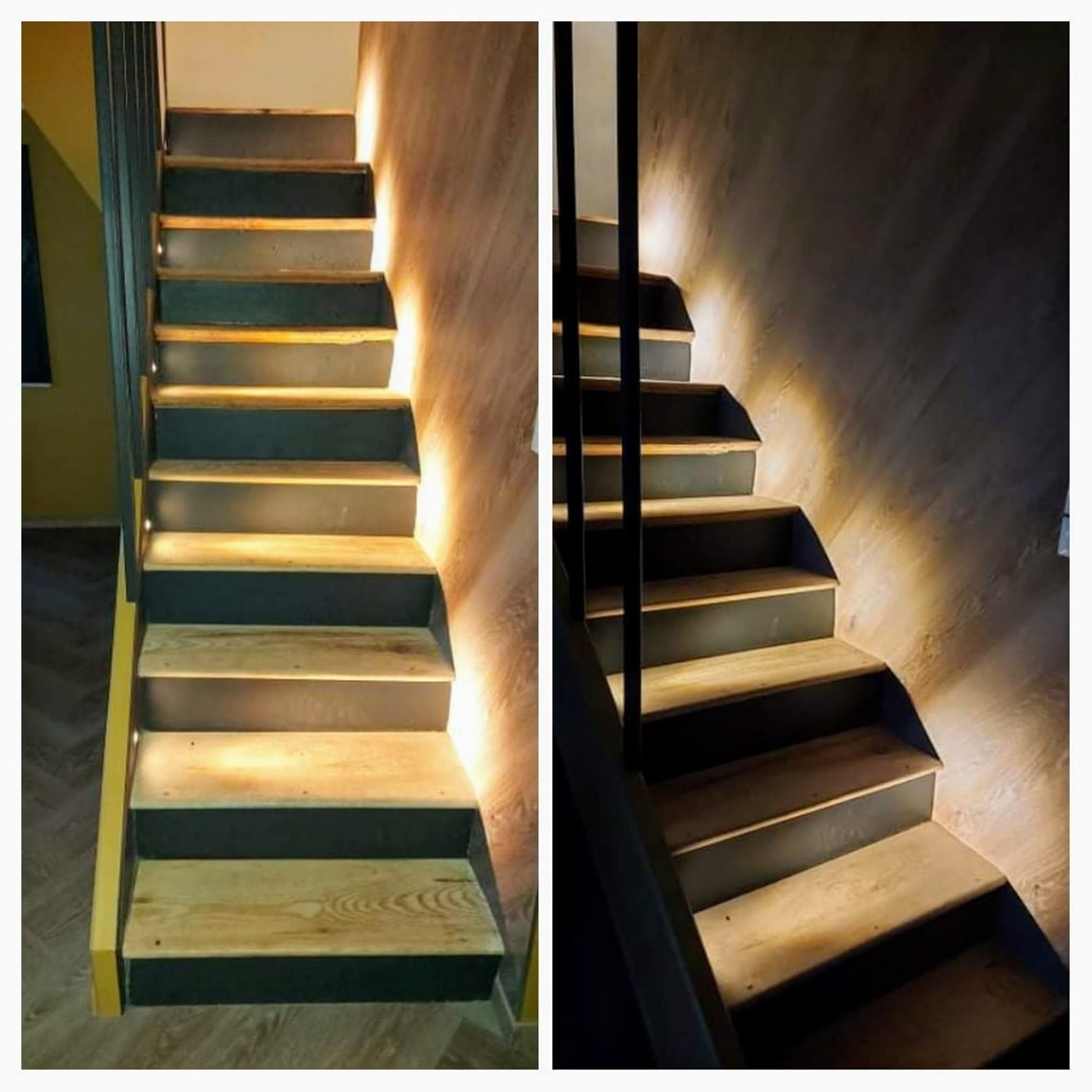 Éclairage LED intégré dans un escalier, avant/après