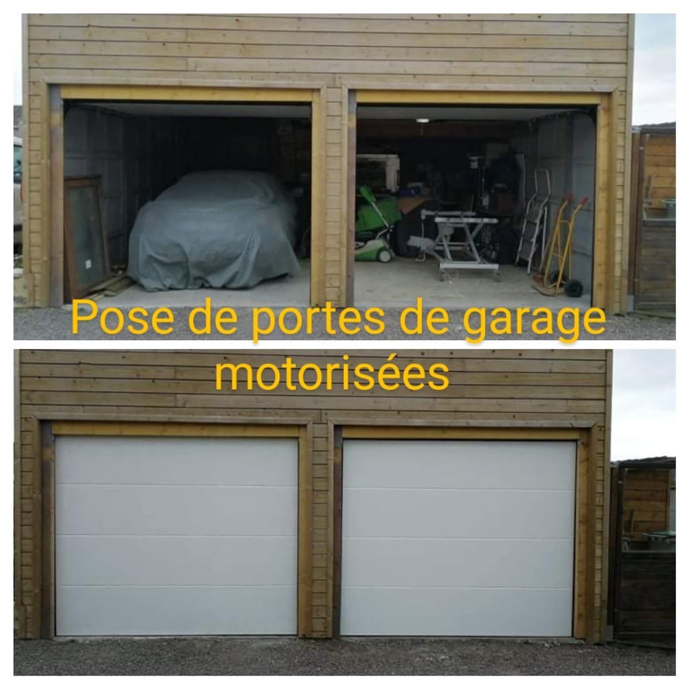 Pose de deux portes de garage motorisées, avant/après